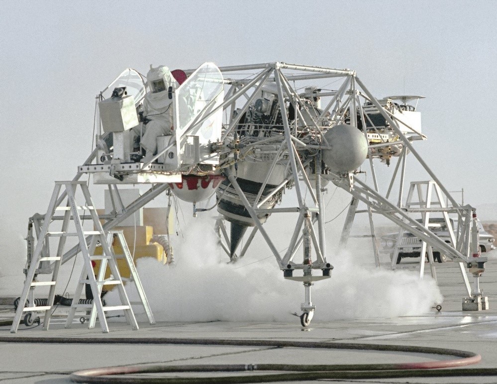 The Lunar Landing Research Vehicle-1 (LLRV-1) during an engine test at NASA’s Flight Research Center (FRC)