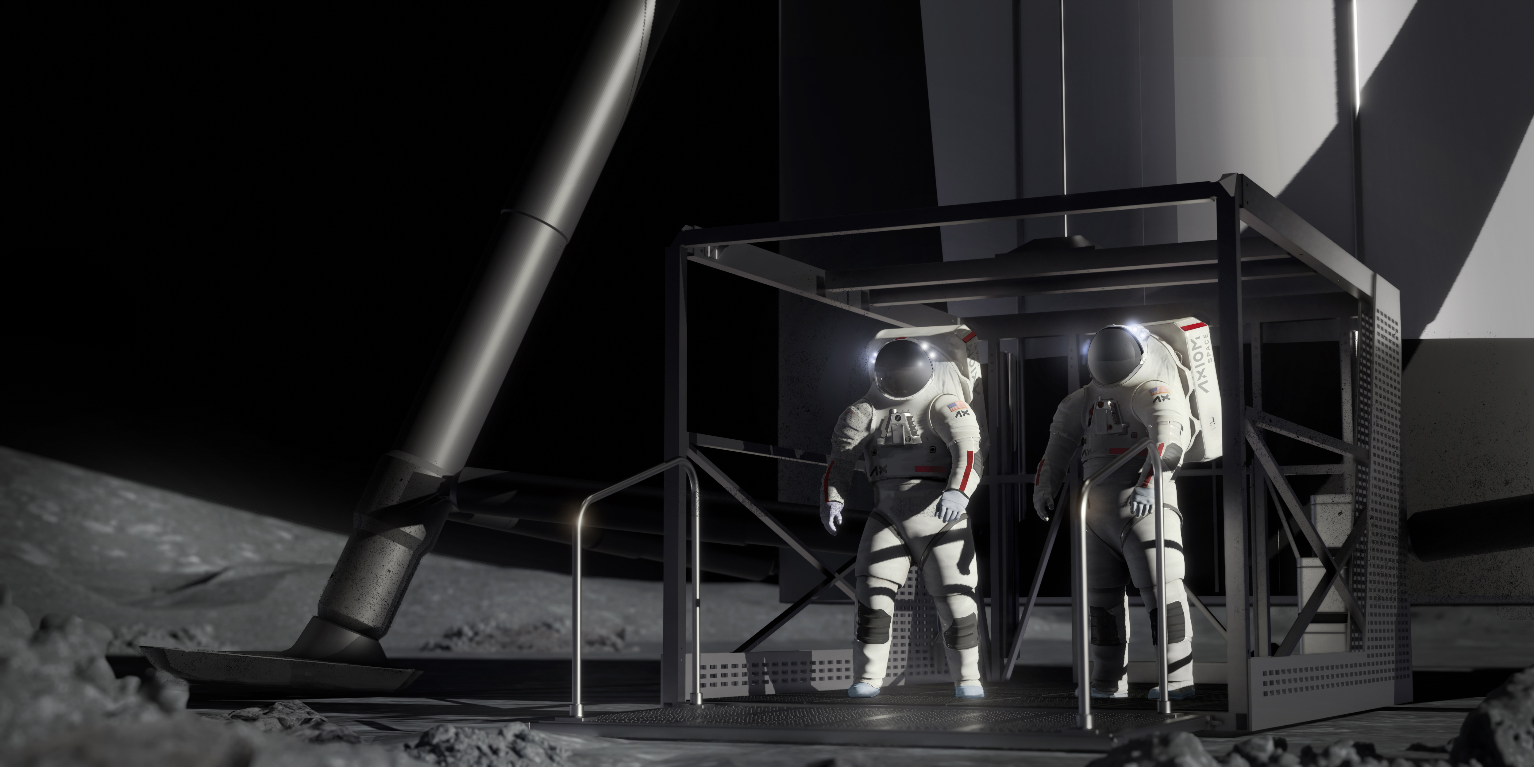 The artist’s concept shows two Artemis III astronauts preparing to step off the elevator at the bottom of SpaceX’s Starship HLS to the Moon’s surface. At about 164 feet (50 m), Starship HLS will be about the same height as a 15-story building. (SpaceX)The elevator will be used to transport crew and cargo between the lander and the surface.