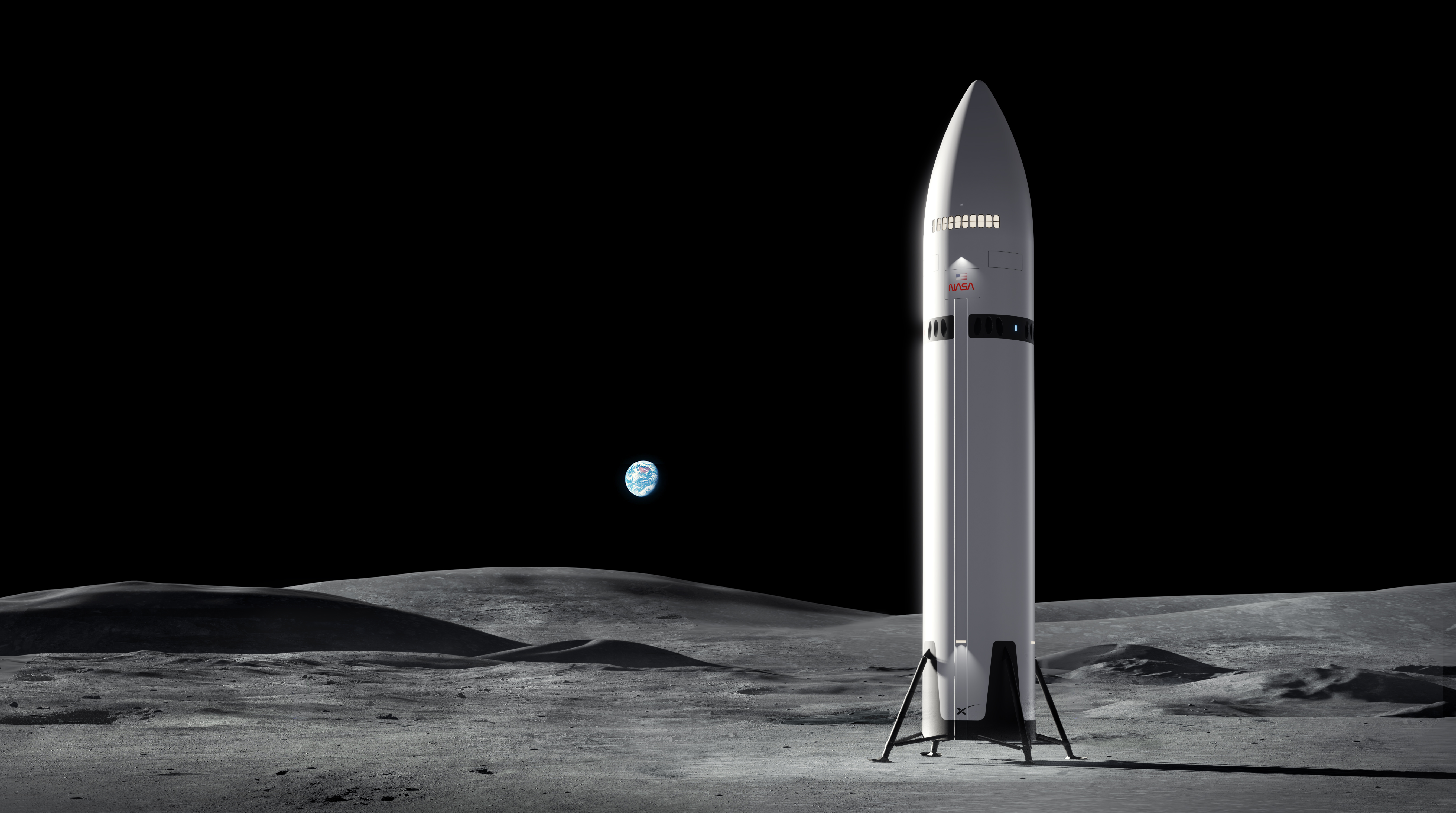 An artist’s concept of SpaceX’s Starship Human Landing System (HLS) on the Moon. NASA is working with SpaceX to develop the Starship HLS to carry astronauts from lunar orbit to the Moon’s surface and back for Artemis III and Artemis IV. Starship HLS is roughly 50 meters tall, or about the length of an Olympic swimming pool.