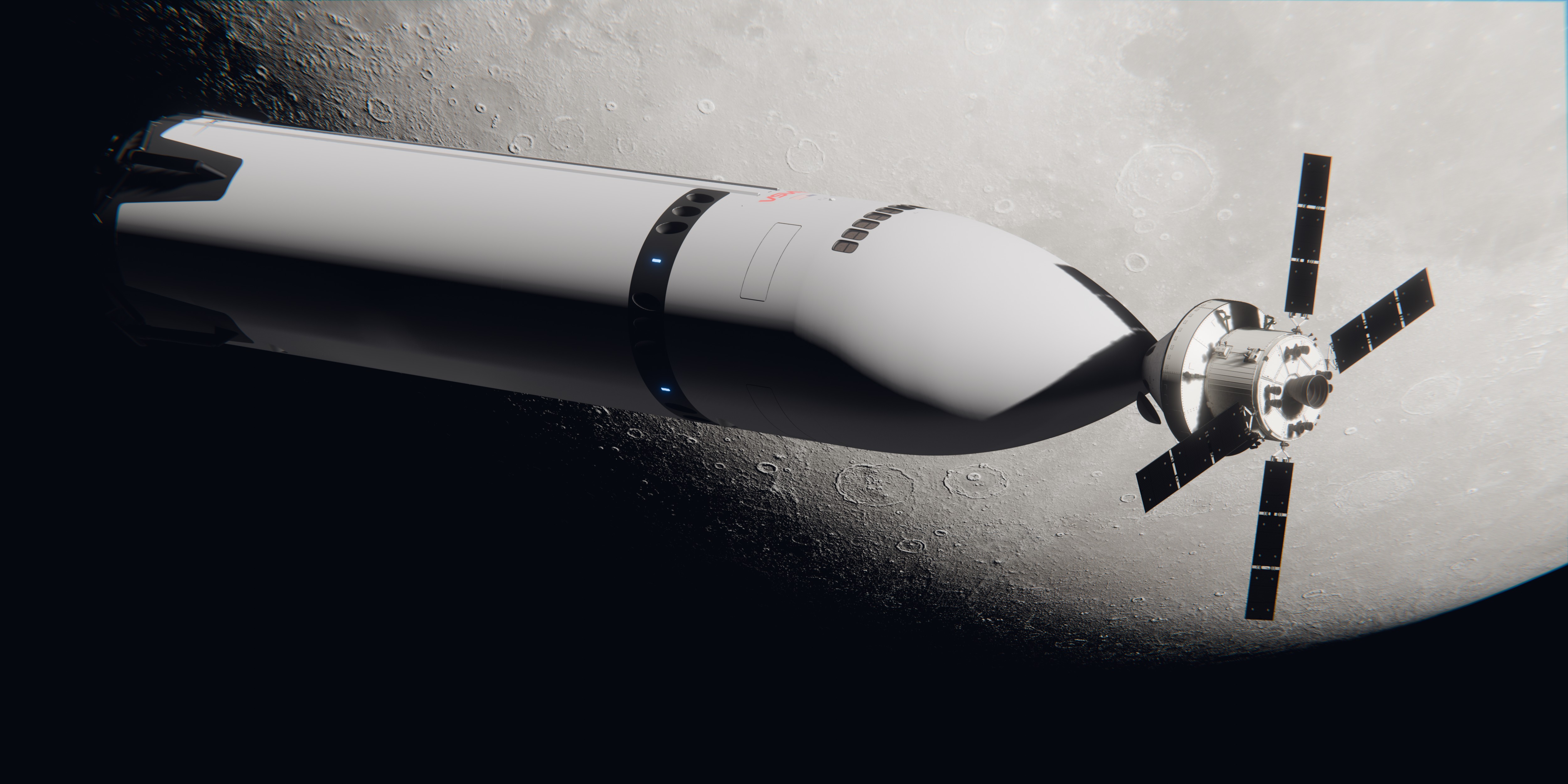 An artist’s concept shows how a crewed Orion spacecraft will dock to SpaceX’s Starship Human Landing System (HLS) in lunar orbit for Artemis III. Starship HLS will dock directly to Orion so that two astronauts can transfer to the lander to descend to the Moon’s surface, while two others remain in Orion. Beginning with Artemis IV, NASA’s Gateway lunar space station will serve as the crew transfer point.