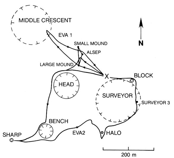 Illustration of the Apollo 12 landing site and the two surface traverses