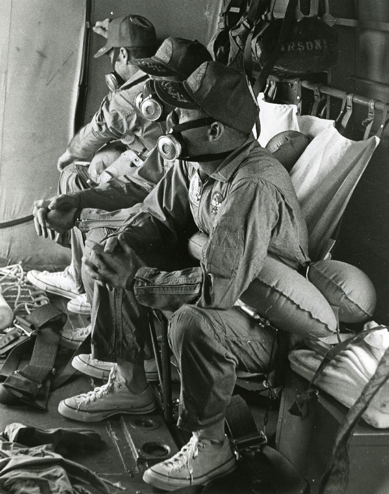 Apollo 12 astronauts Richard F. Gordon, left, Alan L. Bean, and Charles “Pete” Conrad aboard the recovery helicopter