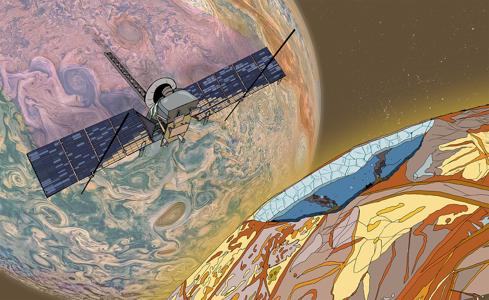 In the style of comic art, Europa clipper flies toward Europa, which appears as a quarter circle in close-up in the bottom left. A cutaway of the moon's surface reveals it's icy shell and an ocean beneath. Hydrothermal vents are visible. An altered image of Jupiter looms large in the background.