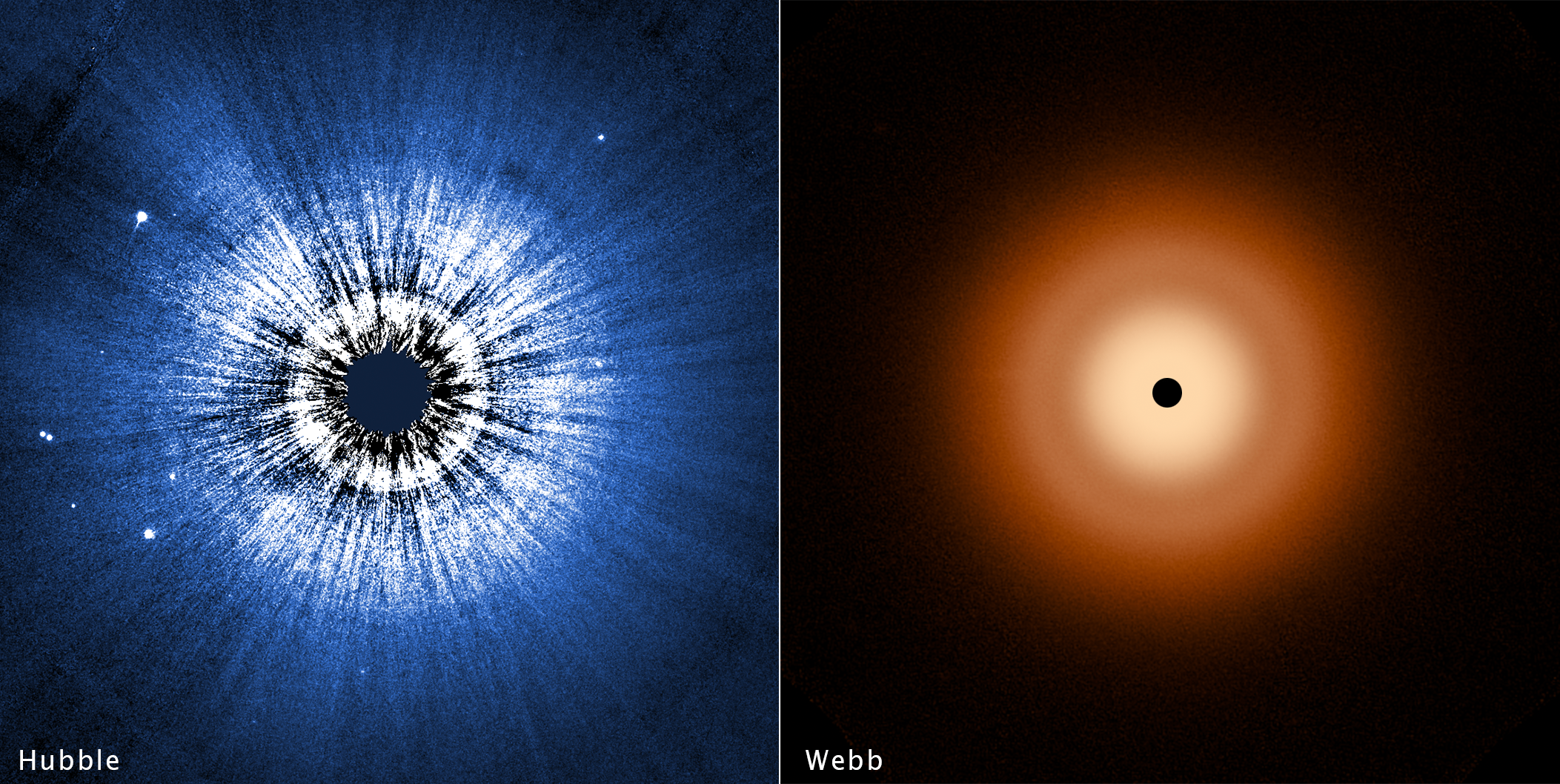 A two-panel image split down the middle vertically. At the left is the Vega disk as imaged by the Hubble Space Telescope. The disk is perfectly circular, and at the center is a black spot blocking out the bright glow of a star. Closer to the center, the disk is white. Radial striations extend out from the center, giving a ripple effect to the disk like the end of a sausage casing. The outer edge of the circular disk is blue. At the right, the Webb image of the disk is an orange colored, smooth, fuzzy halo. The inner disk is whiter toward the center, and there is darker lane between the inner disk and the more orange outer disk. The disk is also perfectly circular, with a black circle in the center blocking light from the star.