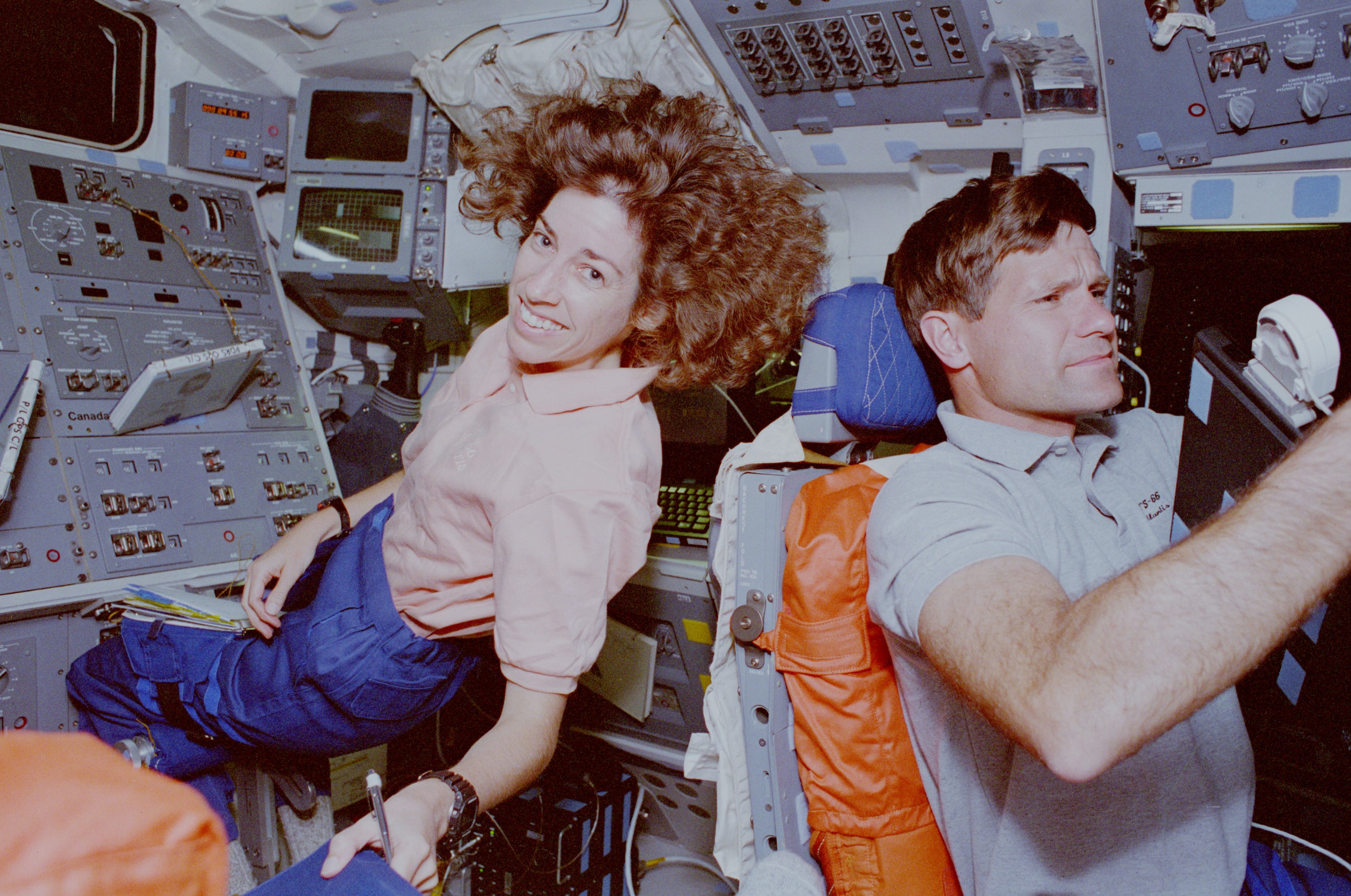 Ellen Ochoa and Donald R. McMonagle on the shuttle’s flight deck