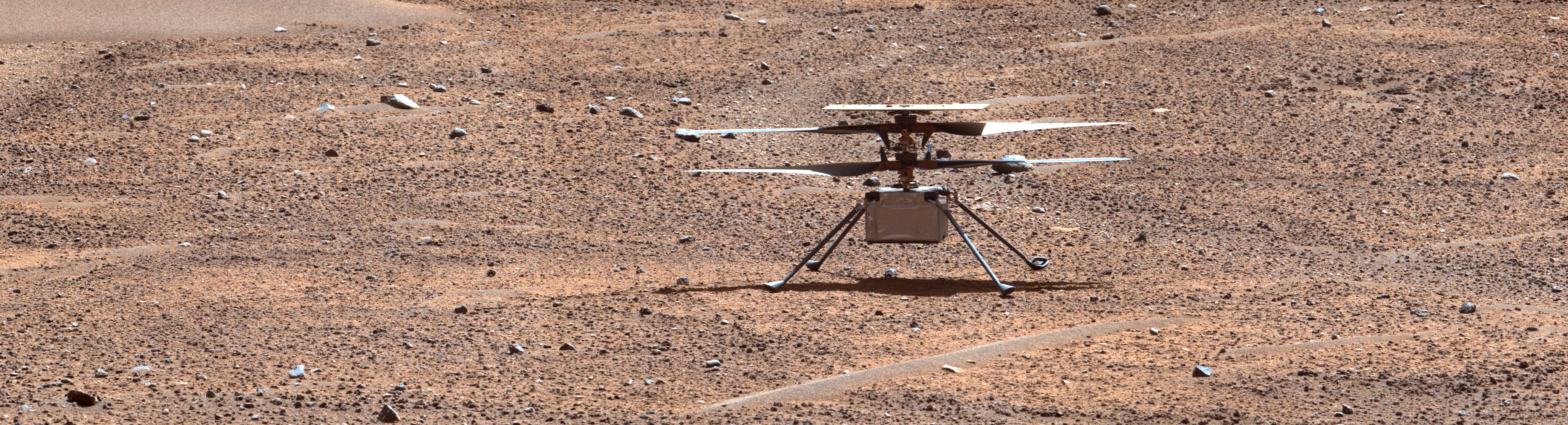 NASA's Ingenuity Mars Helicopter sits on the rocky and rust-colored terrain of the Red Planet in the light of the Sun.