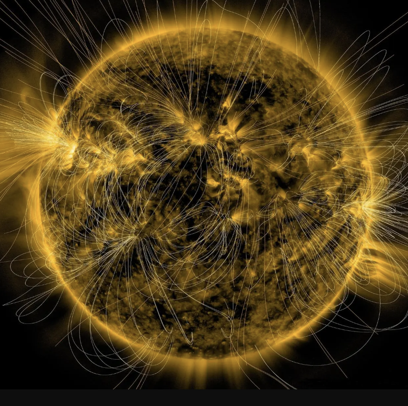 This illustration lays a depiction of the sun’s magnetic fields over an image captured by NASA’s Solar Dynamics Observatory on March 12, 2016.