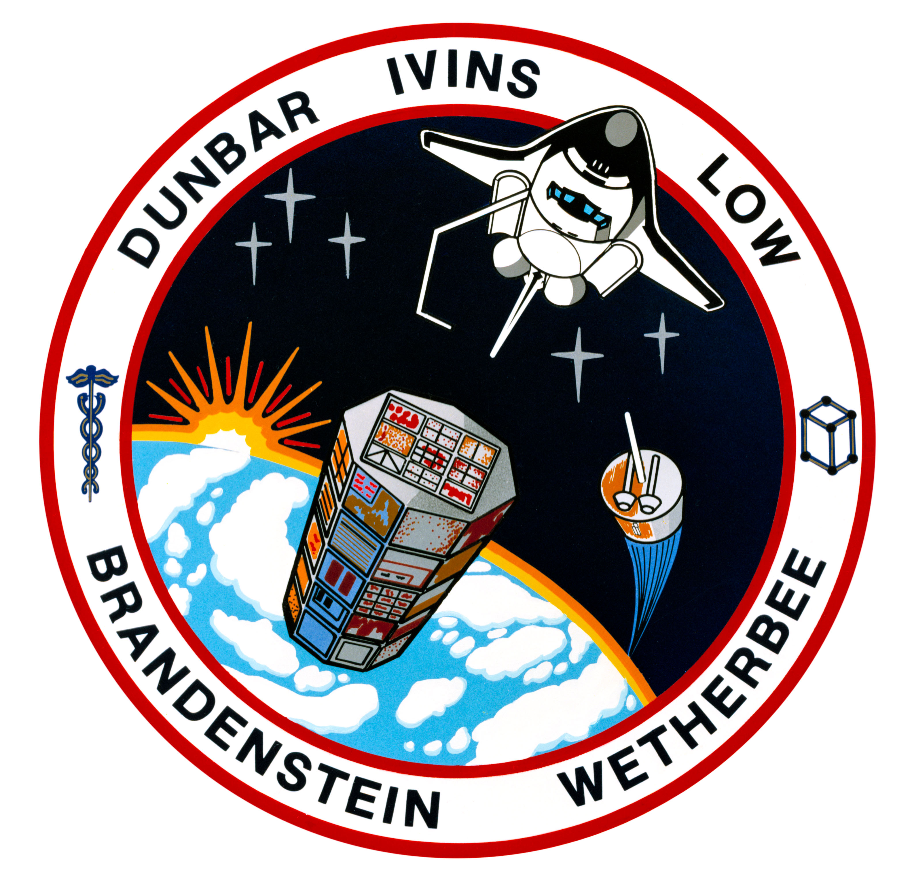 A round crew patch, with a space shuttle reaching out for a large satellite, with the names of the crew - Brandenstein, Wetherbee, Dunbar, Ivins, and Low - written around the outside rim.